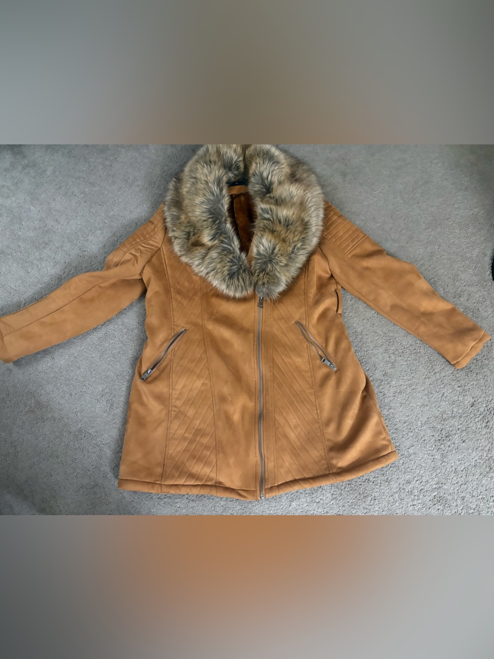 Faux Suede Tan Coat with Fur Trim Collar